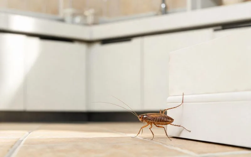 Cafard dans une cuisine à Avignon — insecte brun près de la plinthe sous l'évier