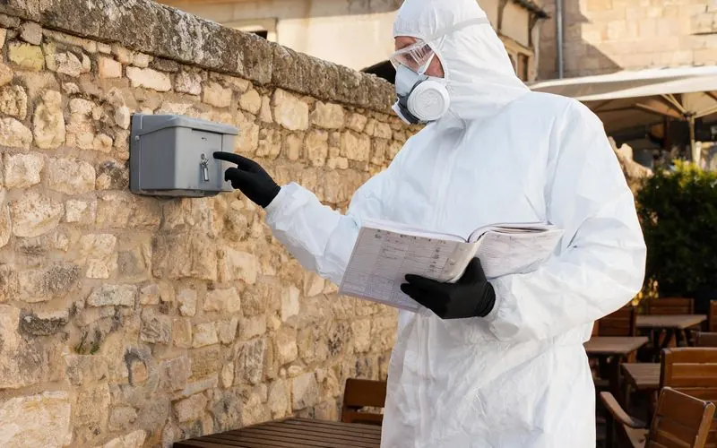 Contrat de maintenance dératisation à Avignon — technicien contrôlant un boîtier d'appâtage sécurisé dans une arrière-cour du centre ancien