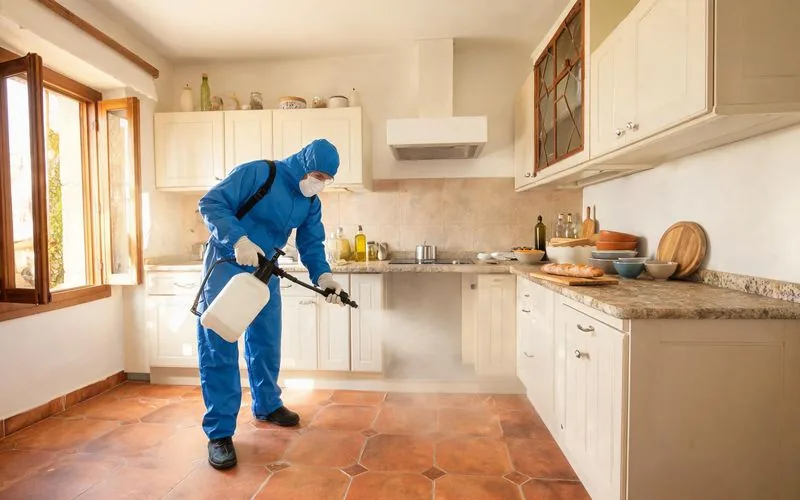 Désinsectisation à Avignon — technicien appliquant un traitement insecticide dans une cuisine